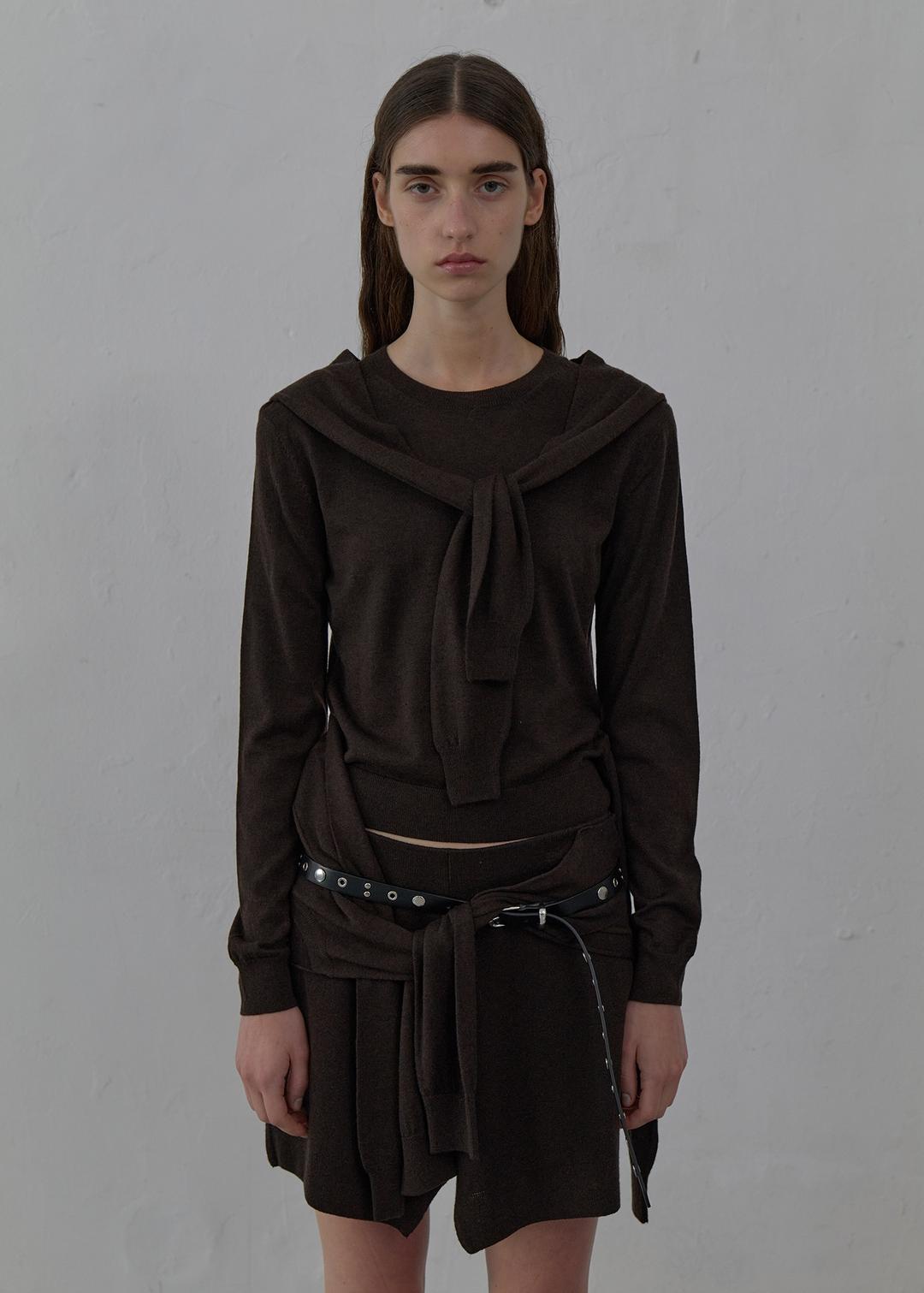 TIED DETAIL LAYERED KNIT SKIRT (BROWN)