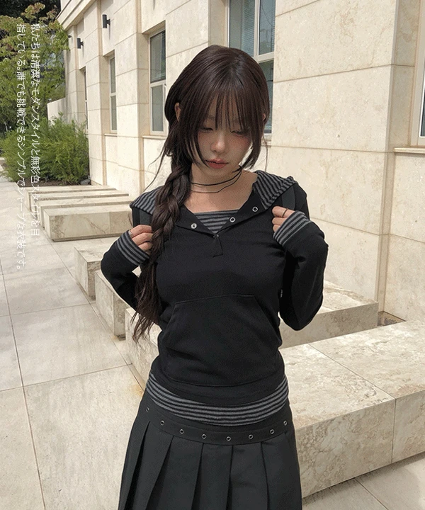 [🌷4천장돌파/MADE/레이어드/후드티] 노빈 단가라 배색 스냅 후드 버튼 티셔츠