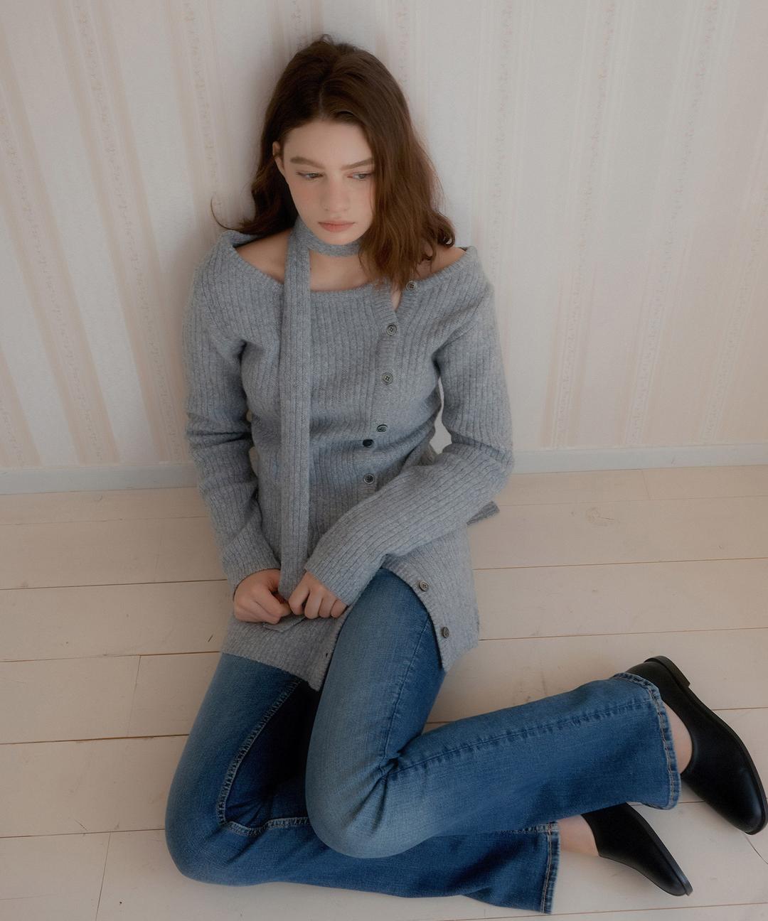 [Scarf Set]  Layered Wool Knit Dress ( Grey )