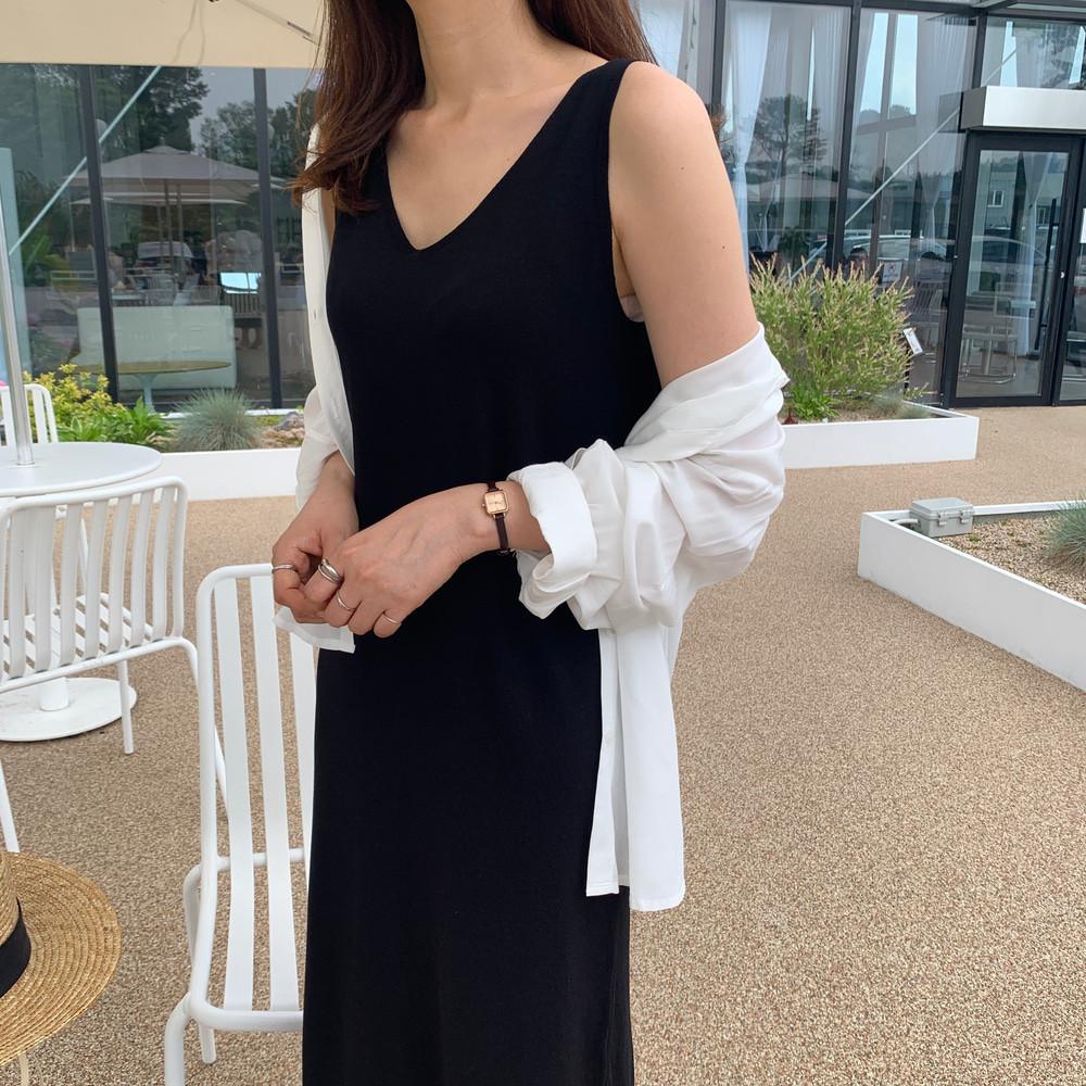 [자체제작] 1980 여름 나시 원피스 브이넥 H라인 니트 롱 원피스 블랙 브라운 휴양지