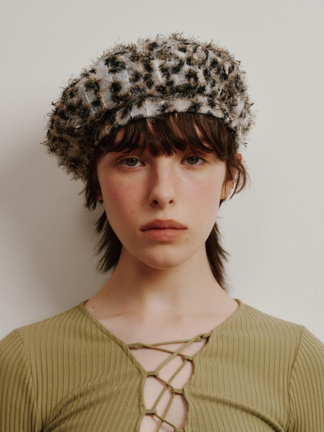 [Life PORTRAIT] Fringe leopard beret in brown
