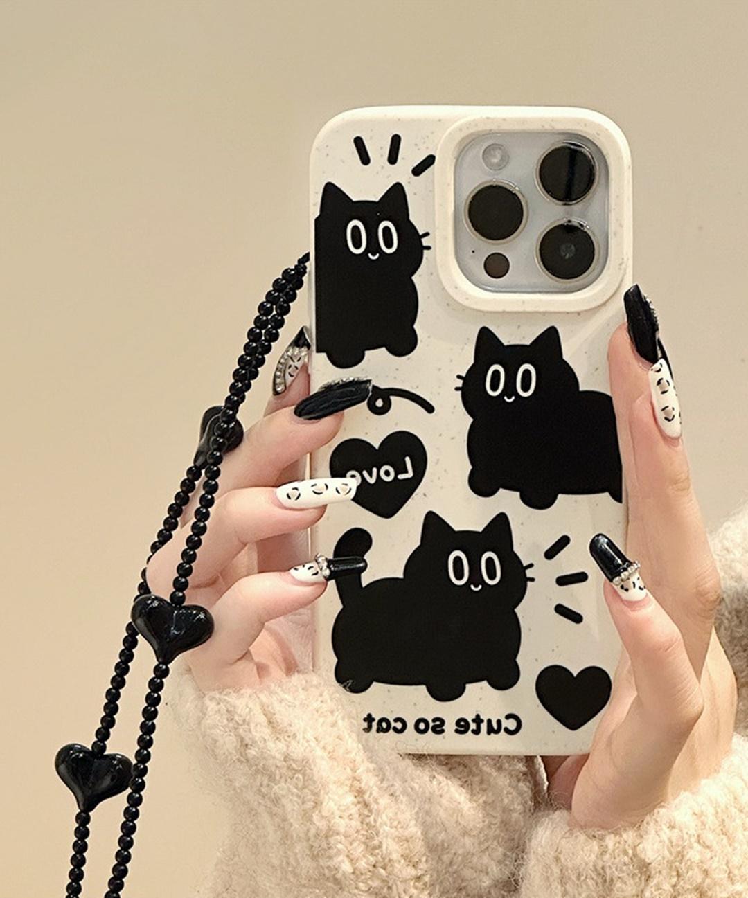 당일출고🖤귀여운 블랙 고양이 하트 cat 스트랩 세트 아이폰케이스 범퍼 핸드폰케이스 생일선물 (아이폰 7 8 SE2 SE3 11 14 15 프로 맥스 12 13 미니)