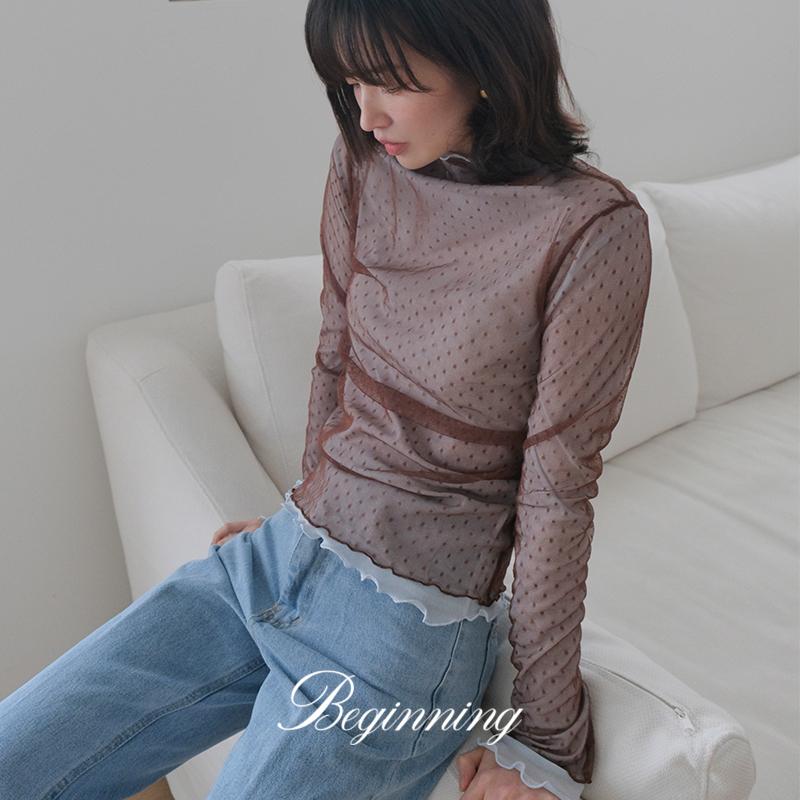 프롬비기닝 [오늘배송][MADE]리지 도트 시스루 폴라티 (3color) (하객룩 레이어드 목폴라 이너티 긴팔티 목티 폴라티 시스루레이어드티)