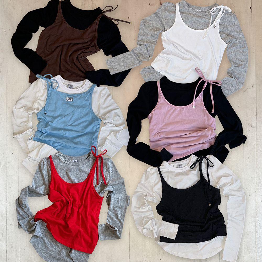 [SET] LAYERED PENDANT ONE SHOULDER RIBBON SLEEVELESS