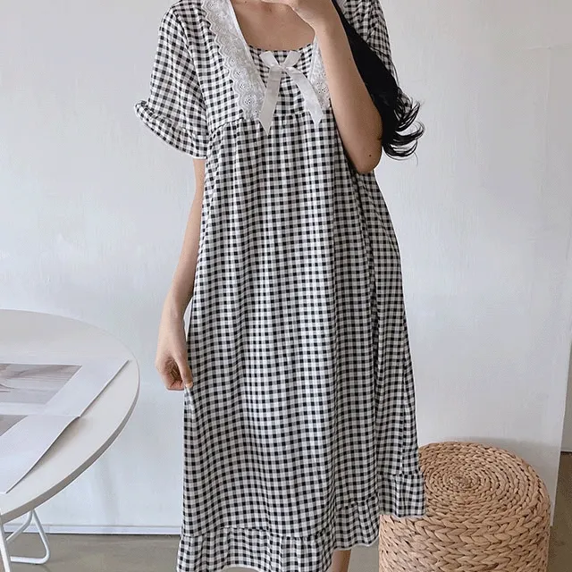 오늘출발 원피스 반팔 체크이지 파자마 잠옷