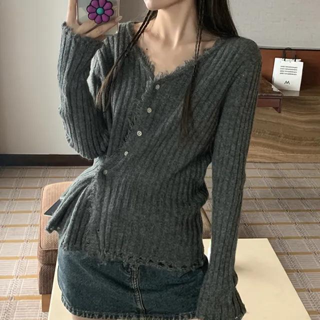 헤어리 사선 버튼 골지 니트 2color