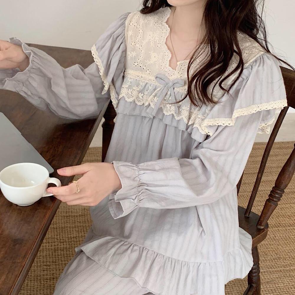 웨이브 레이스 긴팔잠옷 리본 파자마 파티 홈웨어 선물 홈파티