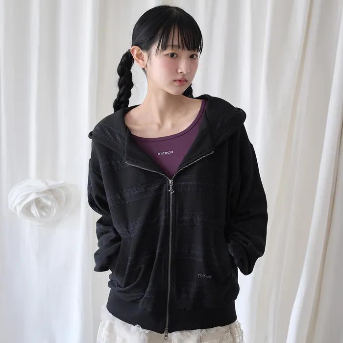 LACED TWOFOLD HOOD ZIP-UP BLACK