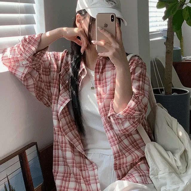 [당일발송/장마룩] 남녀공용 루즈핏 여름 썸머 린넨 거즈 비비드 체크 살안타템 긴팔 셔츠 (3color)