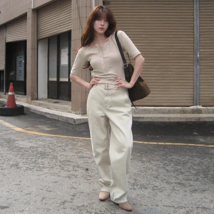 벨티드 커브드 데님 팬츠_BEIGE