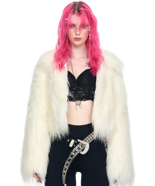 CROPPED SPIKY FAUX FUR JACKET IVORY