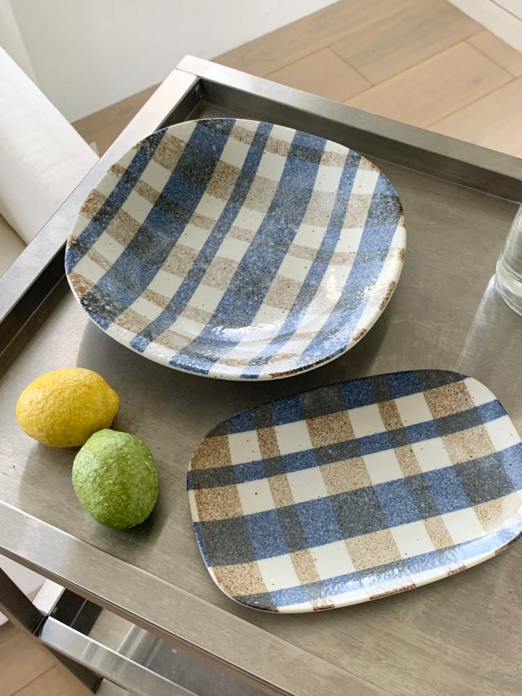 ( 2 option ) Blue Check Plate / 블루 체크 접시 브런치 플레이트 파스타볼