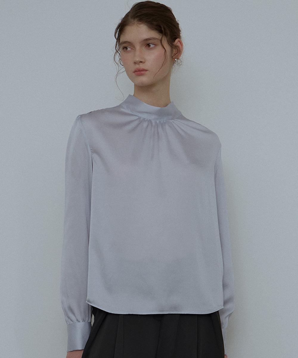 High Neck Shirring Blouse [Blue]