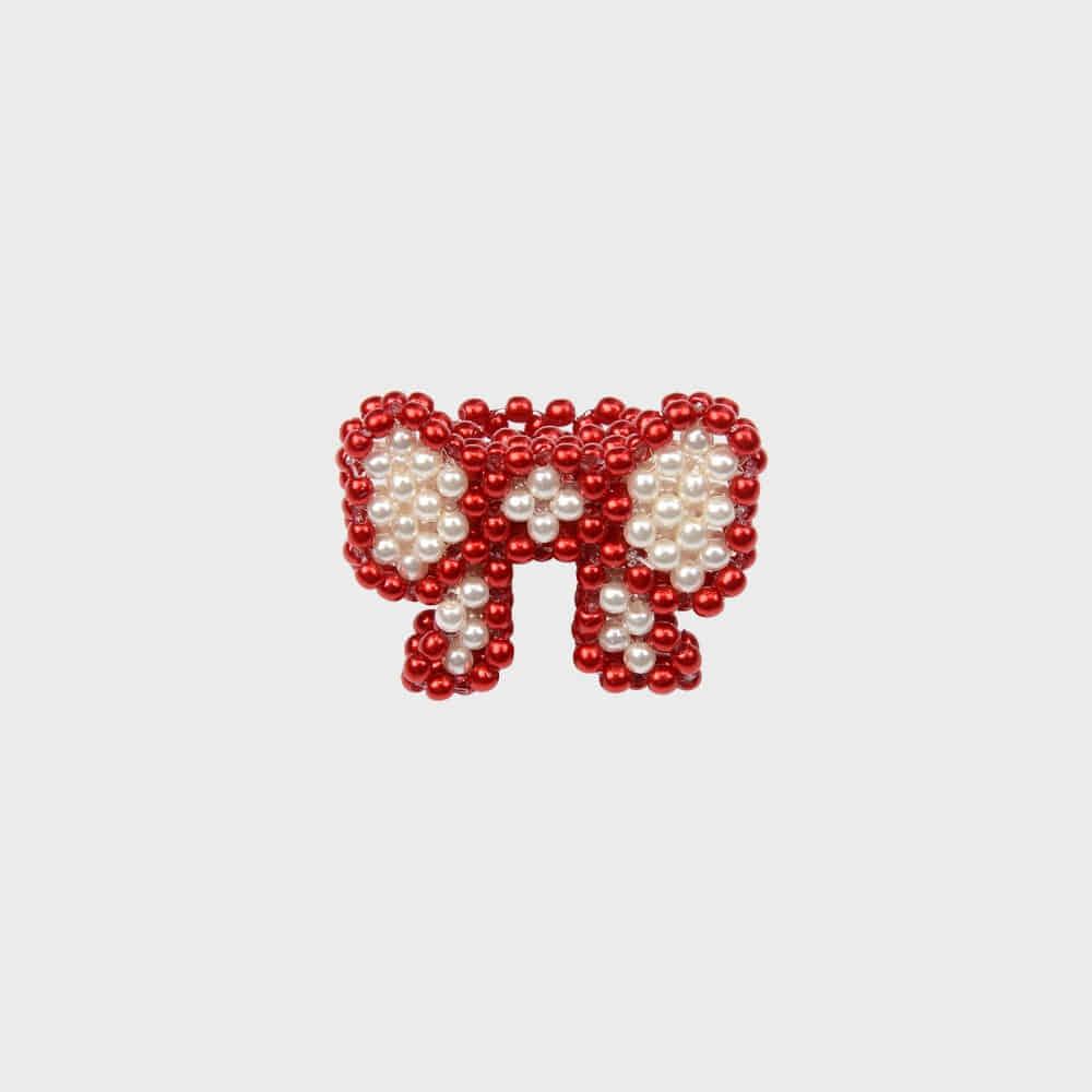BEADED PEARL BOW RING (RED)