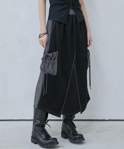 Y Taslan Coloring Long Skirt BLACK X CHARCOAL
