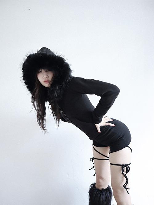 fur trimming hood zip up, 3color