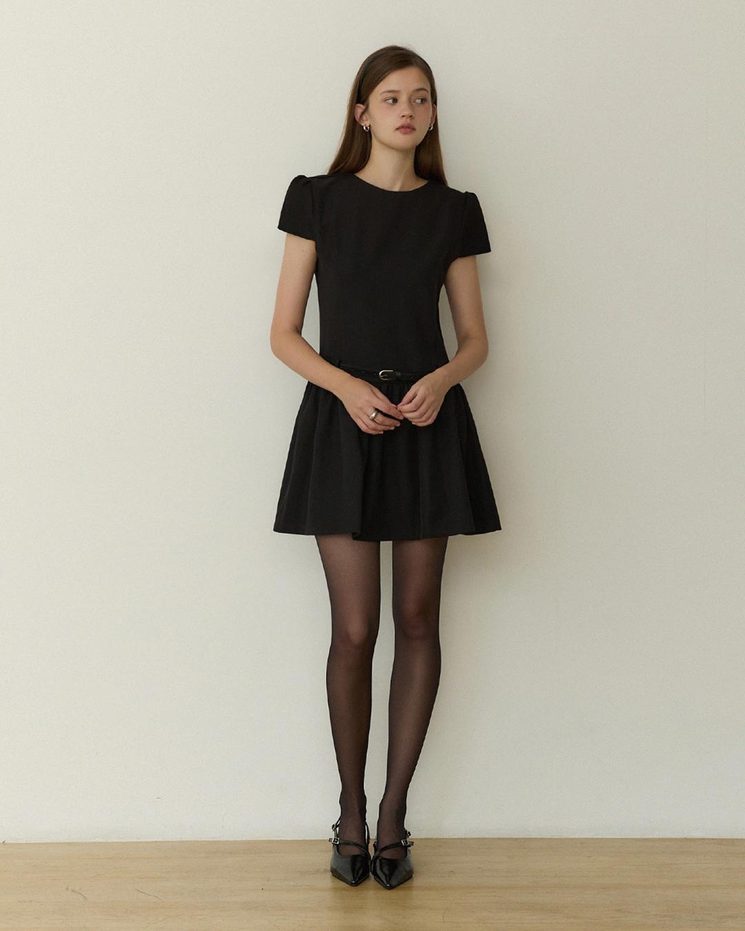 Allure cap flare belted mini dress - black