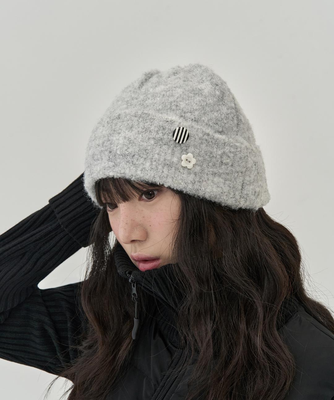 버튼 포인트 비니 (WHITE MELANGE)