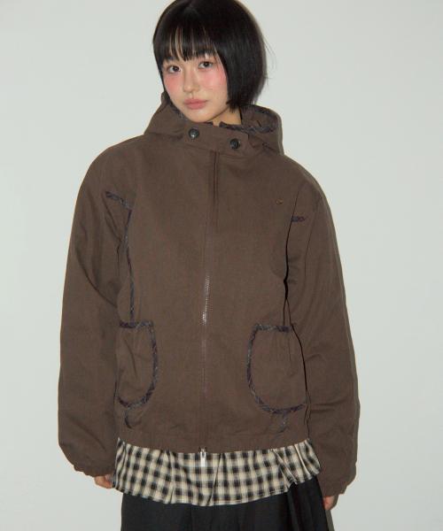 체크 포인트 캐주얼 비조 스냅 버튼 오버핏 후드 집업 점퍼 자켓 [브라운]