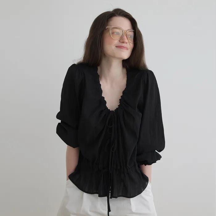 [20차_리오더] THREE RIBBON BLOUSE(BK)