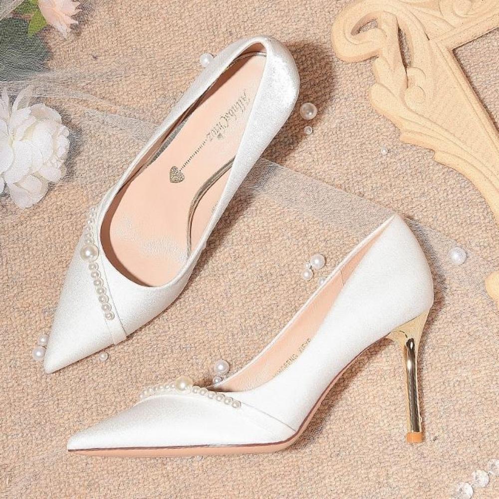 시크치노 (당일배송) 레보스 6,8cm 새틴 화이트 진주 웨딩 결혼식 구두 1color