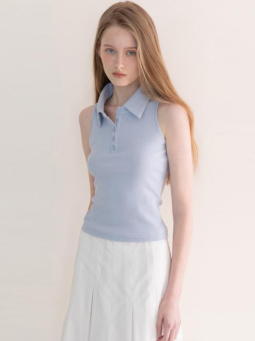 Sleeveless collar crop t-shirt _ Sky Blue