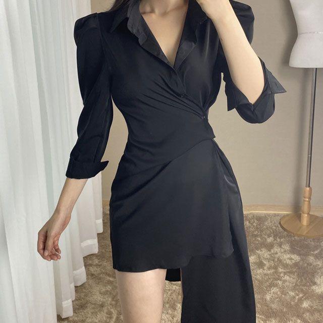 [누적판매1800장돌파]언발 랩 셔츠 미니 원피스 블랙 베이지