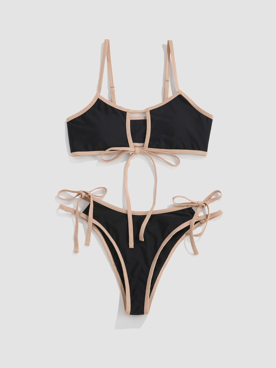 Contrast Trim Bowknot Thong 비키니 세트