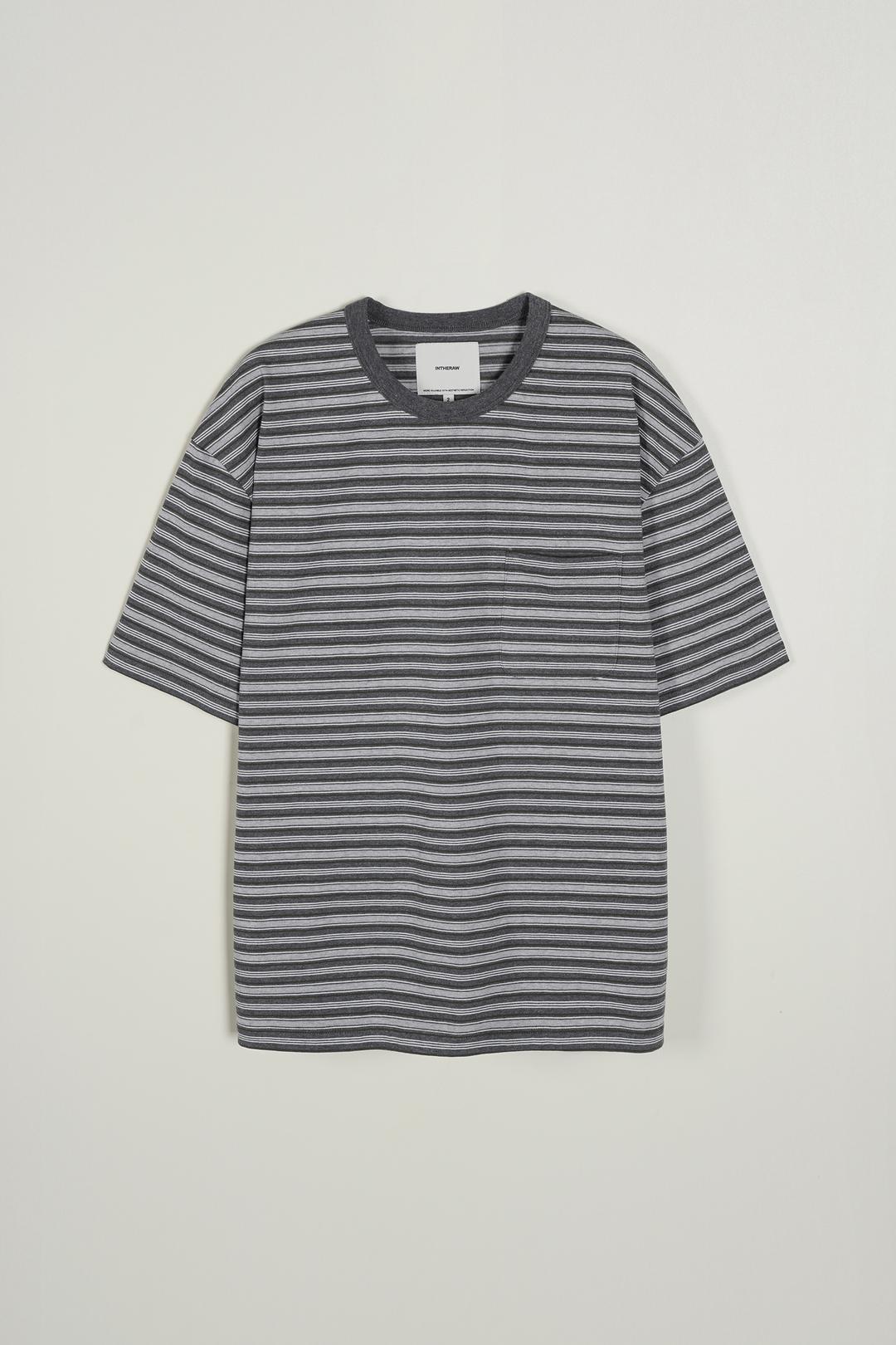 STRIPE BORDER POCKET T SHIRT - CHARCOAL OLIVE