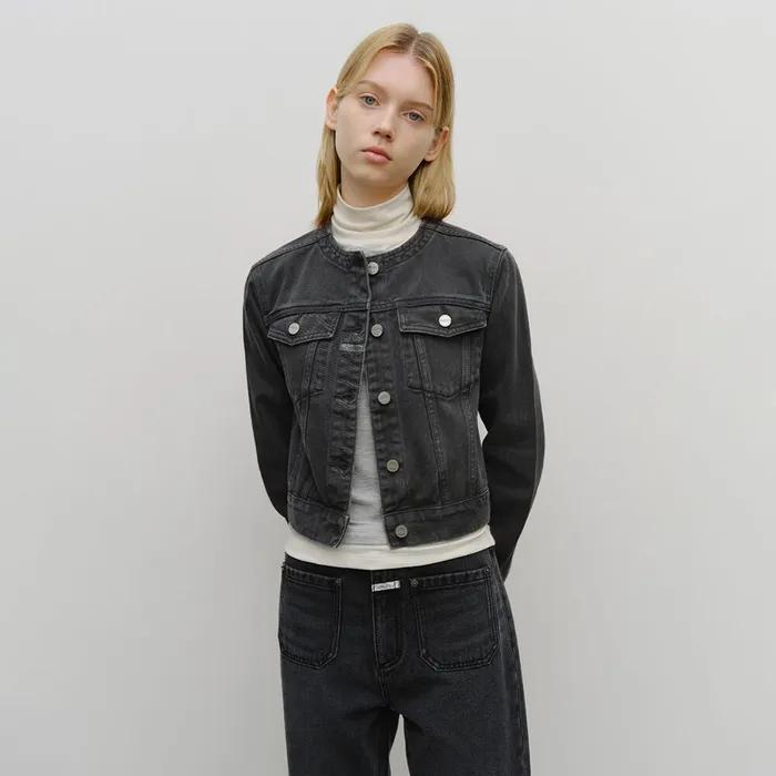 W COLLARLESS DENIM JACKET dark gray