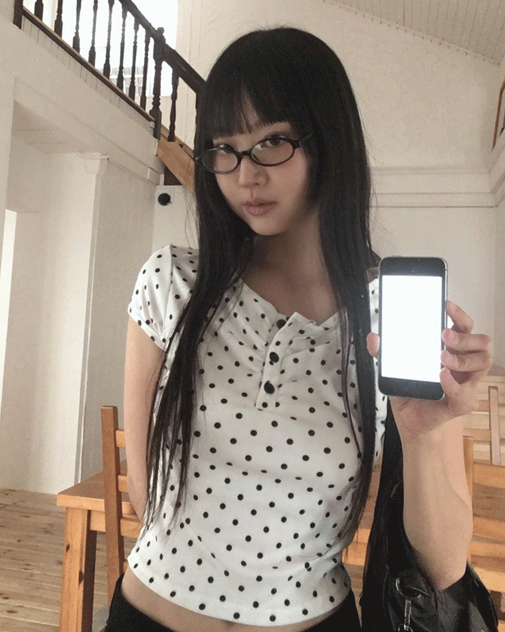 원더원더 애디 도트 버튼 셔링 반팔 티셔츠