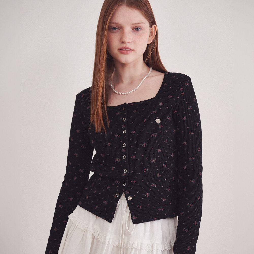 SQUARE FLORAL SNAP WAFFLE CARDIGAN BLACK