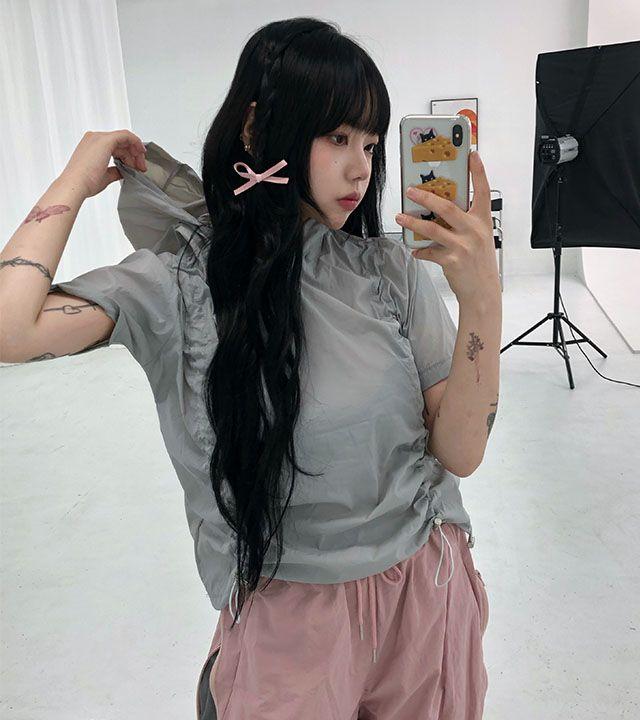 [장마철에도 산뜻하게] 셔링 스토퍼 나일론 스트링 반팔 후드티 (3col) _ 프롬로즈