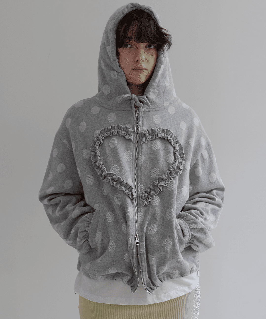 [7th] FRILL HEART HOODIE, DOT GREY
