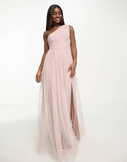 Anaya Bridesmaid tulle one shoulder maxi dress in pink
