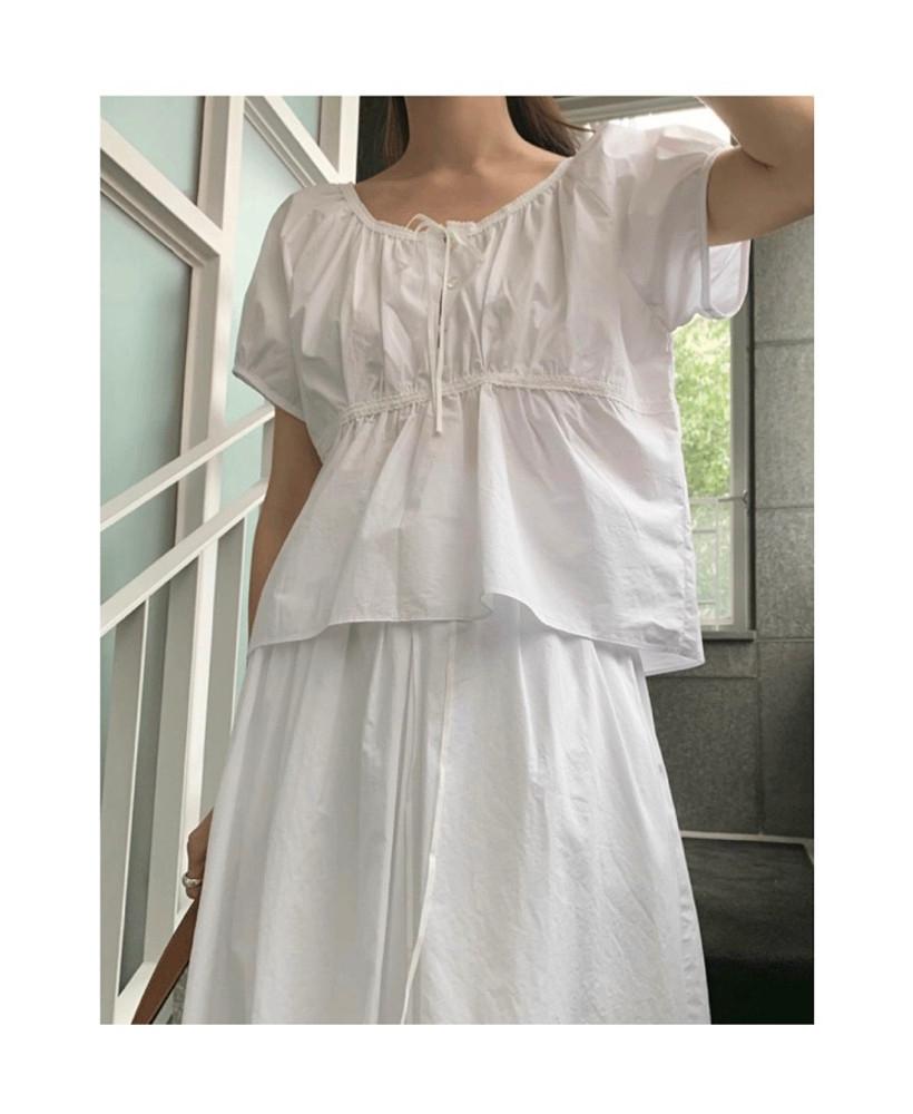 [당일/무배] BR 브런치 리즈 반팔 셔링 레이스 블라우스 (Ivory) 당일발송