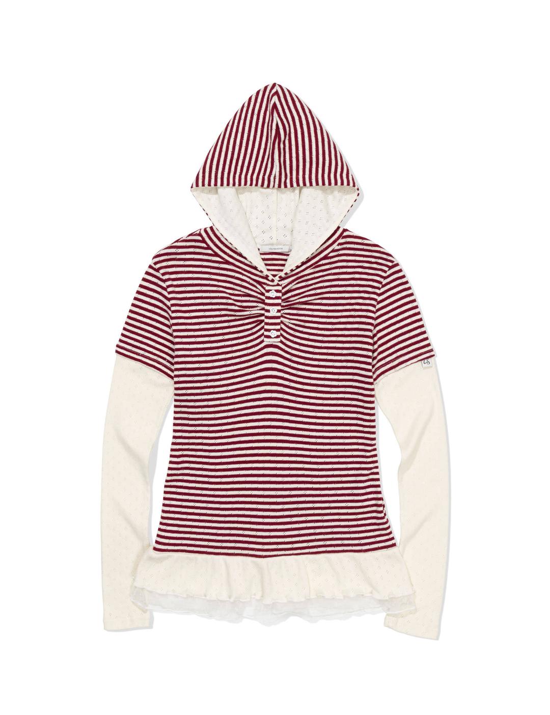 STRIPE SHIRRING LAYERED HOODIE(BURGUNDY)