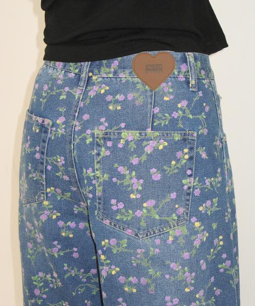 BALLOON FIT FLORAL DENIM PANTS MEDIUM BLUE