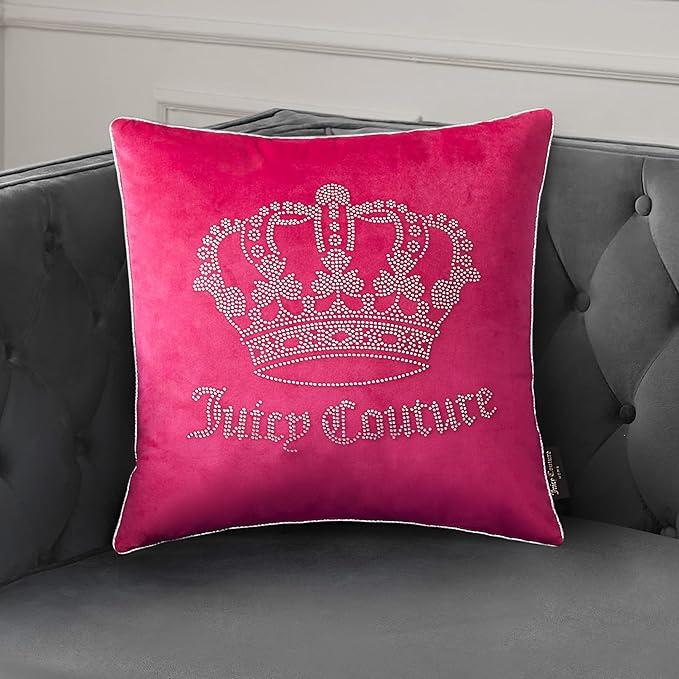 Juicy Couture Square 1-Piece Living Room and Bedroom Décor, Premium Throw Pillow, 20"x20", Hot Pink Rhinestone Crown
