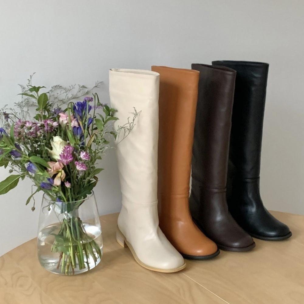 통넓은 둥근코 소가죽 라운드토 롱부츠 4컬러