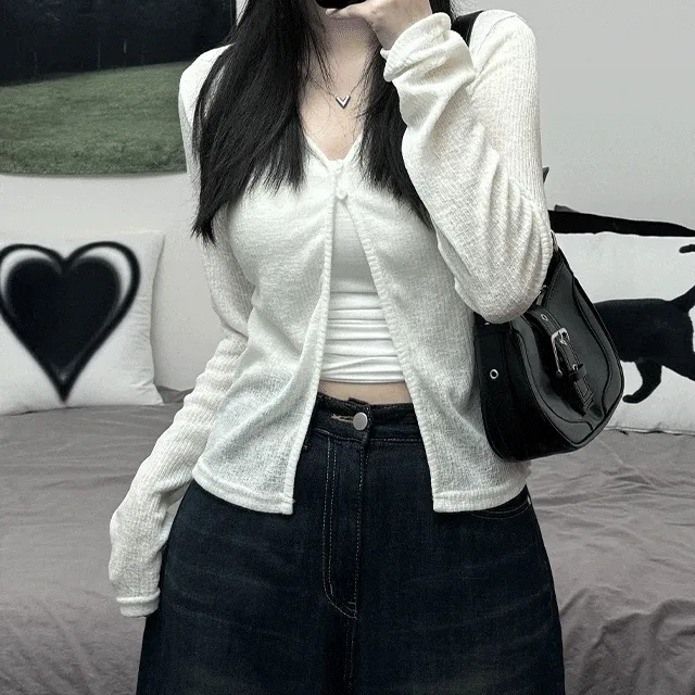 [여름가디건/장마룩] see-through two- button slit long-sleeved cardigan 시스루 투버튼 트임 긴팔 가디건
