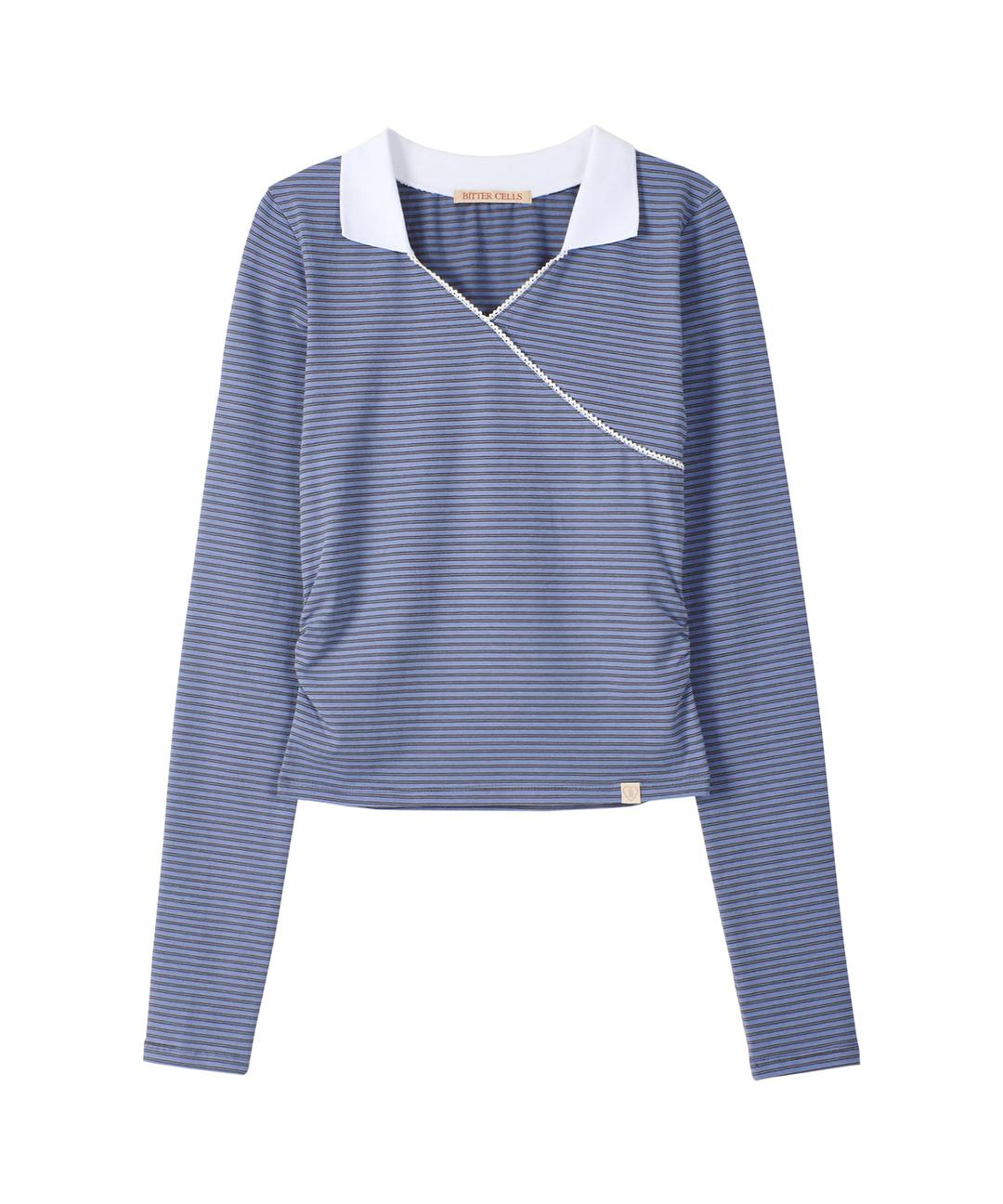 Due Stripe Collar Tee-Blue