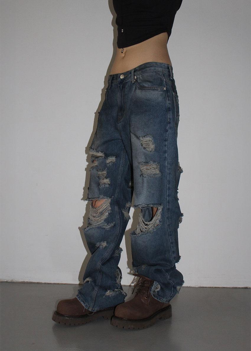이오엔 (UNISEX) DAMAGE DIRTY DENIM (S-L)