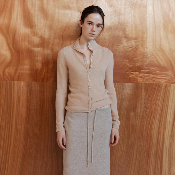 ALPACA BLEND MOCK NECK SLIM KNIT CARDIGAN - BALLERINA