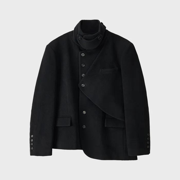 Asymmetric Structure Wool Half Coat - BLACK