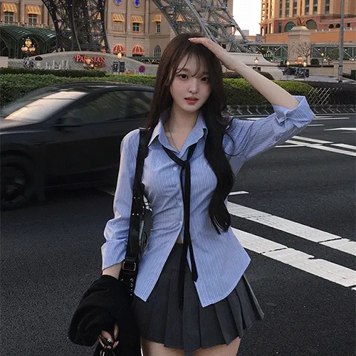 [ 자체제작/ 뒷밴딩 허리잘록 ] 에펠 스트라이프 봄 셔츠