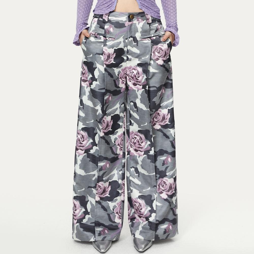 YOSHUYUKI Wild Rose 밀리터리 장미 프린팅 핀턱 와이드 팬츠