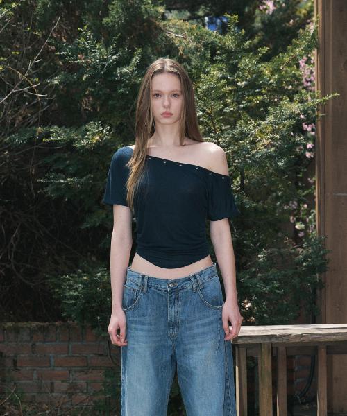 Harry Button Unbal Shirring Short Top (Cool Charcoal)
