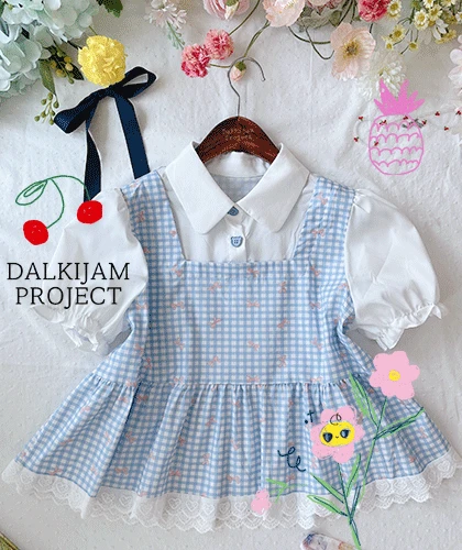 곰돌이 단추 리본무늬 체크 블라우스 2c