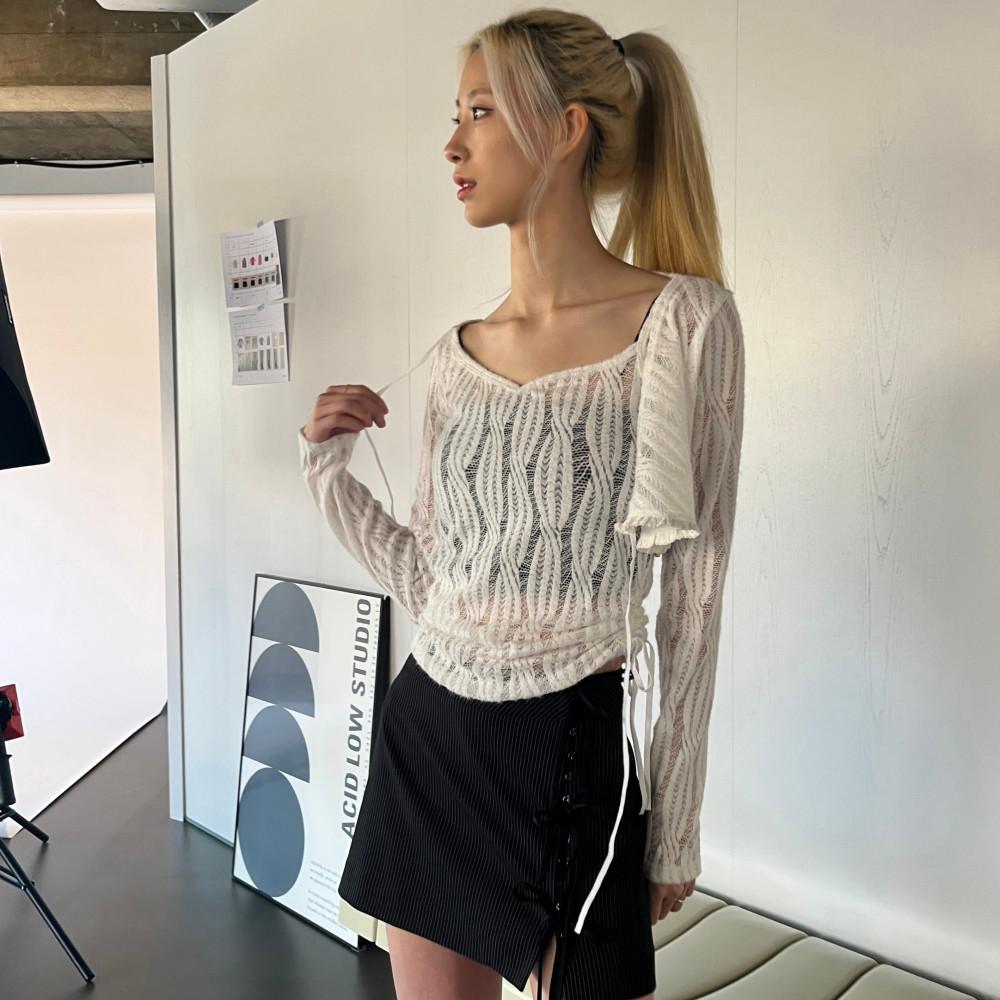 언발란스 스판 레이스 셔링 탑_화이트